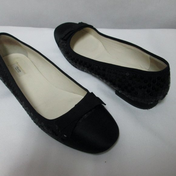 PRADA Vintage black Sequin Satin Leather flats with bow Italy slides Size 37 7 - Picture 11 of 14